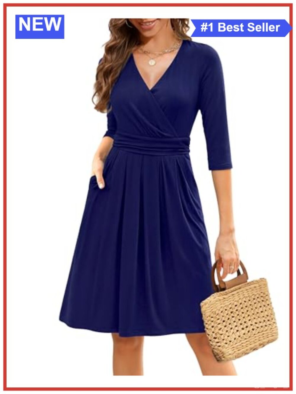 Women's Wrap V Neck 3/4 Sleeve Fit and Flare Cocktail Dress with Pockets